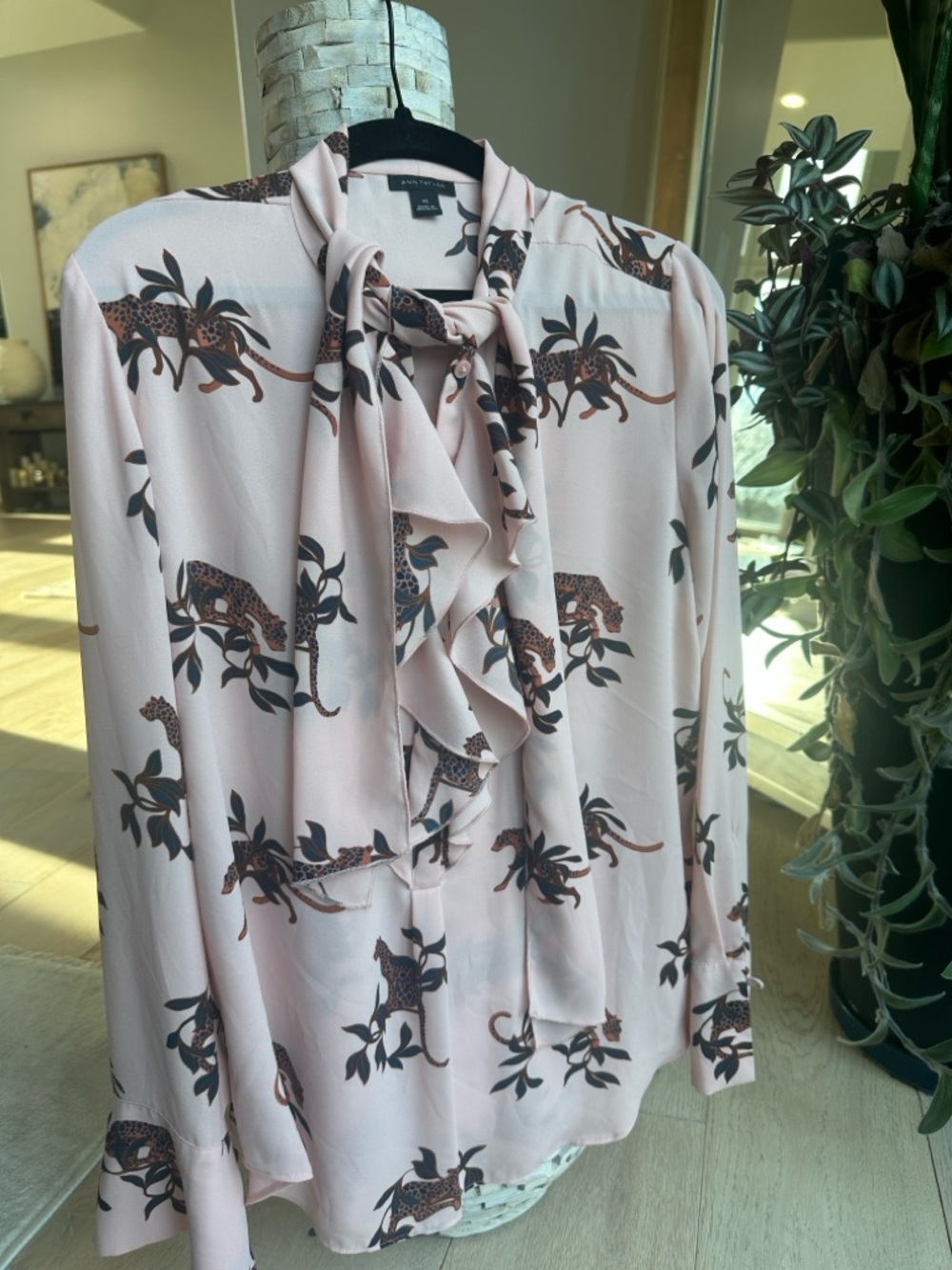 Ann Taylor Blush Pink Leopard-Print Tie-Neck Ruffle Blouse